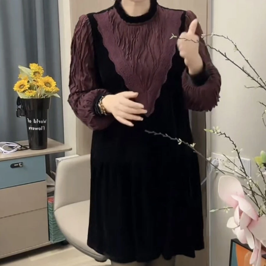 大码女装2024时尚新款蕾丝连衣裙假两件显瘦洋气拼接裙子丝绒气质