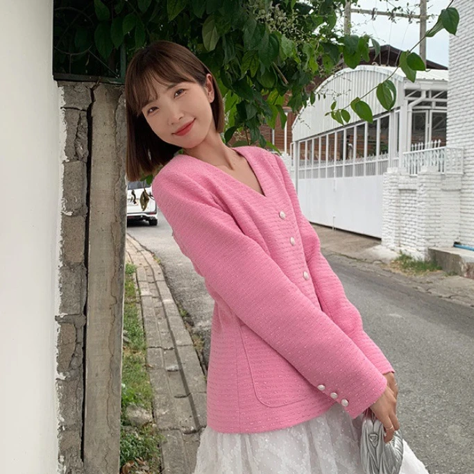 通勤优雅气质收腰v领珍珠扣外套西装小香风女秋季G6032