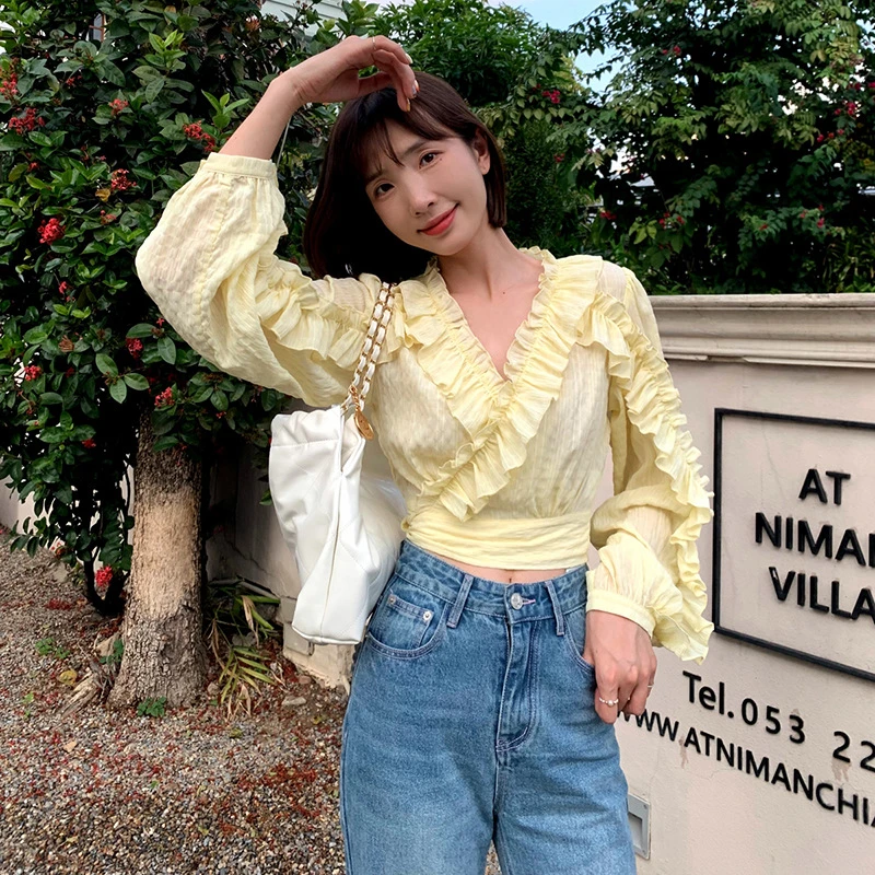 法式重工木耳边拼接v领洋气显瘦一片式衬衫女春秋背后系带G6011