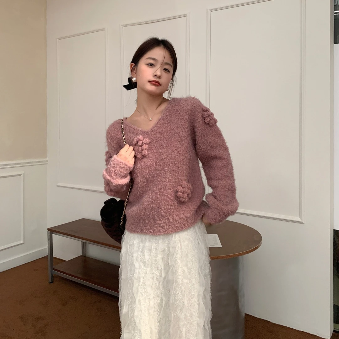 秋冬季时尚百搭好看粉色套头v领毛衣女装温柔甜美85021