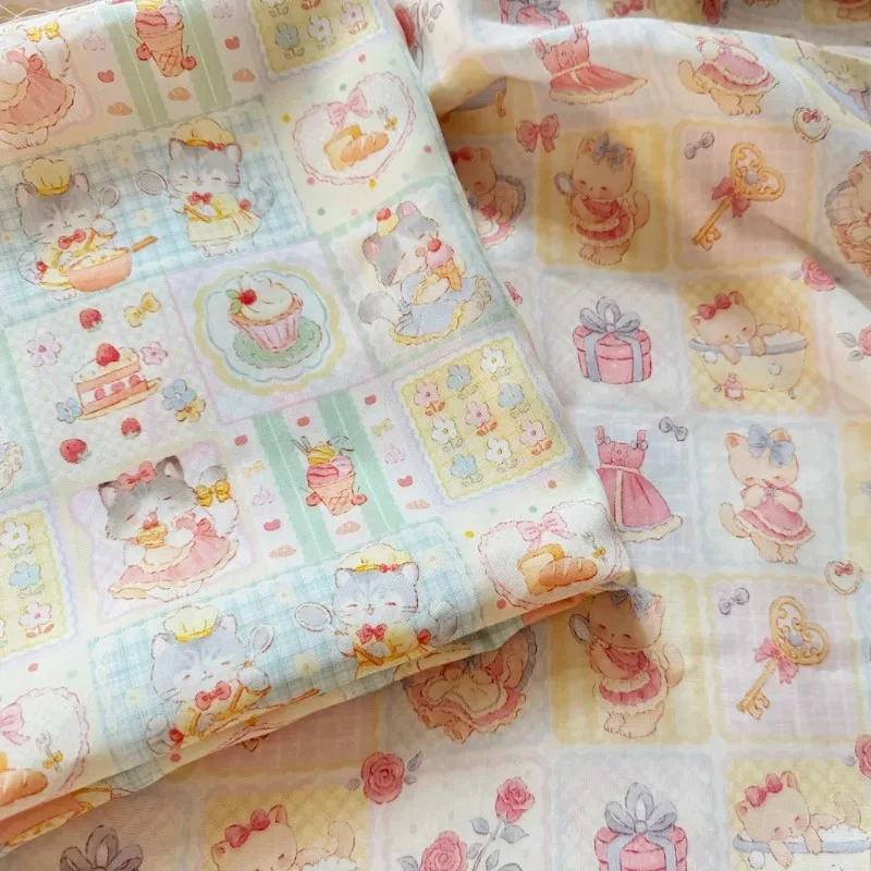 40支纯天丝紧密赛络纺设计师款拼布猫咪洛丽塔衬衣床品夏季布料