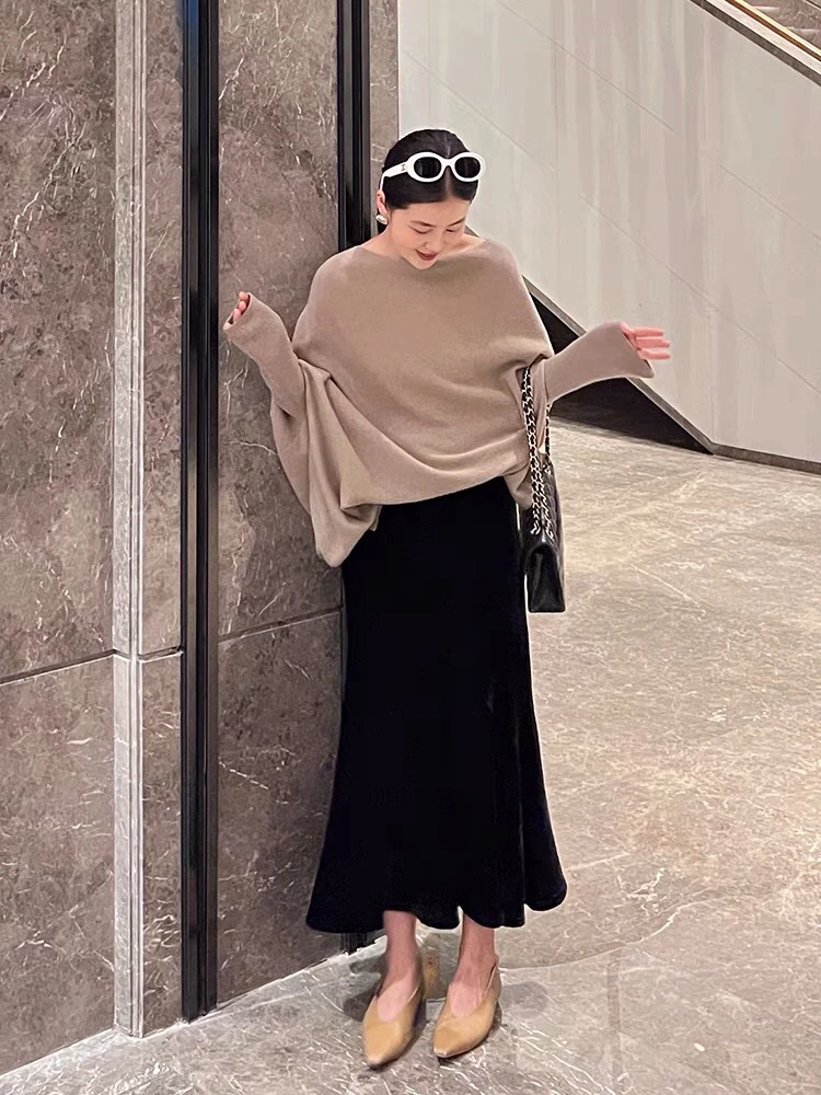 茆家宽松简约超大一件~不规则蝙蝠袖羊毛羊绒套头秋冬针织上衣