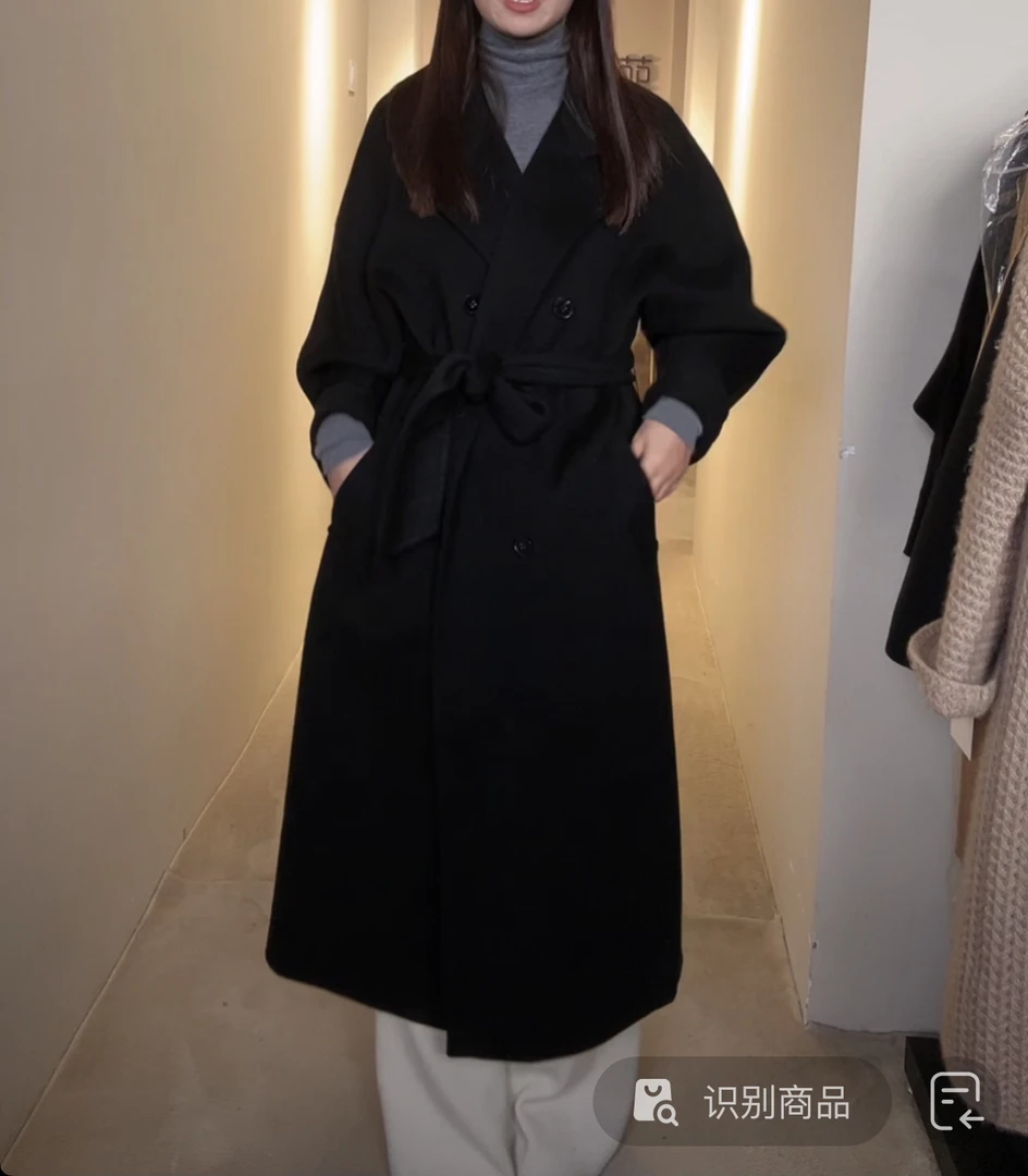 100纯山羊绒大衣经典黑色801重磅加厚1300克