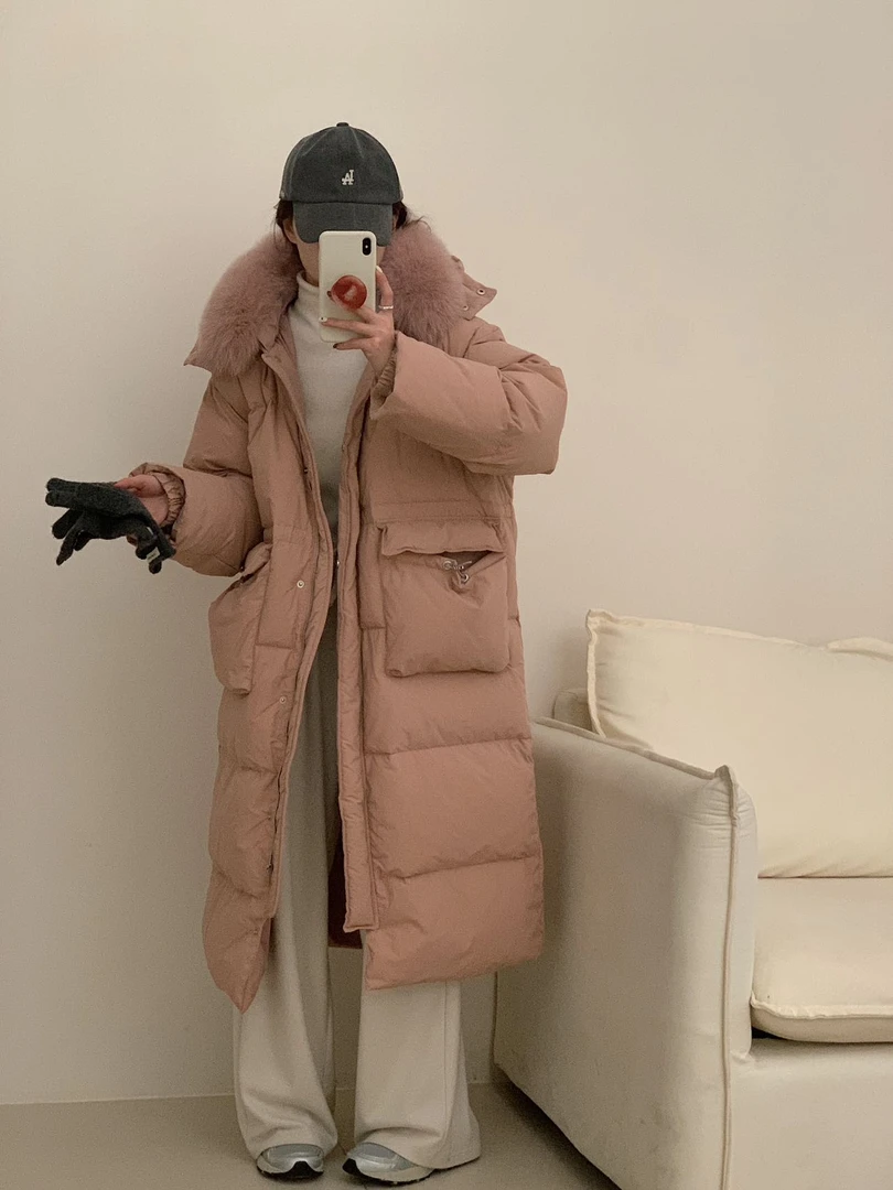 2024秋冬韩版宽松长款百搭过膝加厚90白鸭绒狐狸大毛领羽绒服