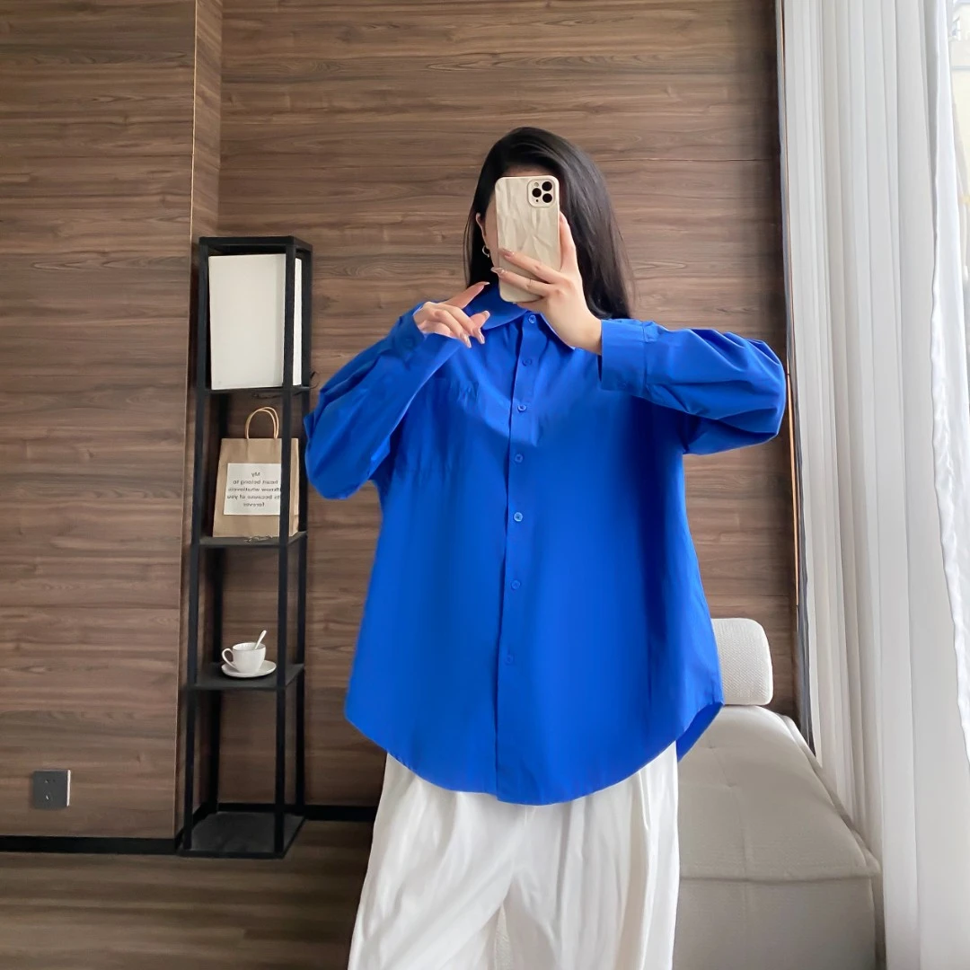 【2025年新款克莱因蓝色衬衫】休闲单口袋宽松外穿气质长袖衬衣女