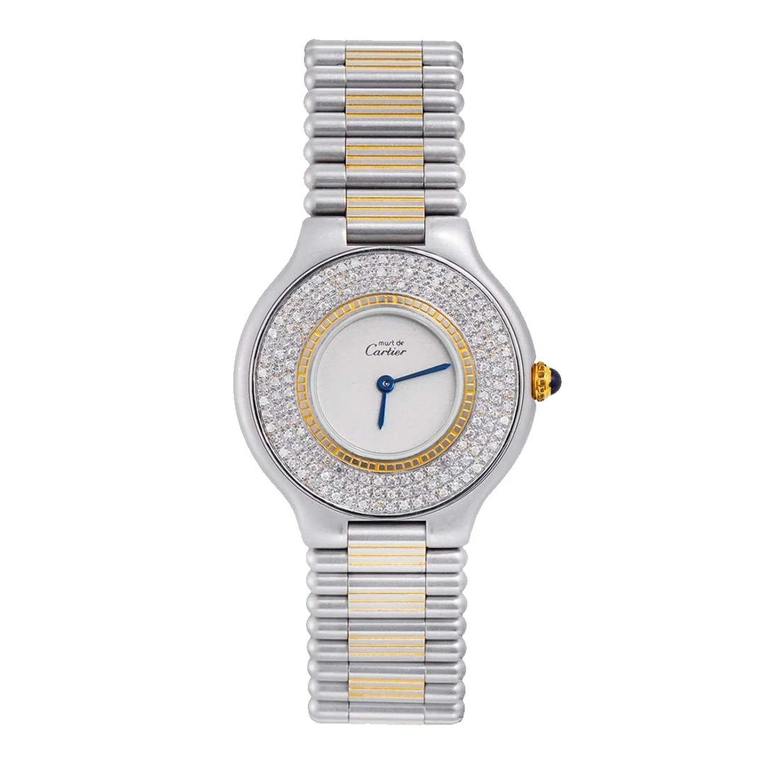 95新 Cartier/卡地亚 21世纪28mm银白间金石英腕表后钻/WHT013097