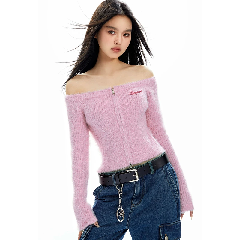 APEA【雪地泰迪】拉链长袖毛针织开衫女高腰短款一字肩毛绒上衣J