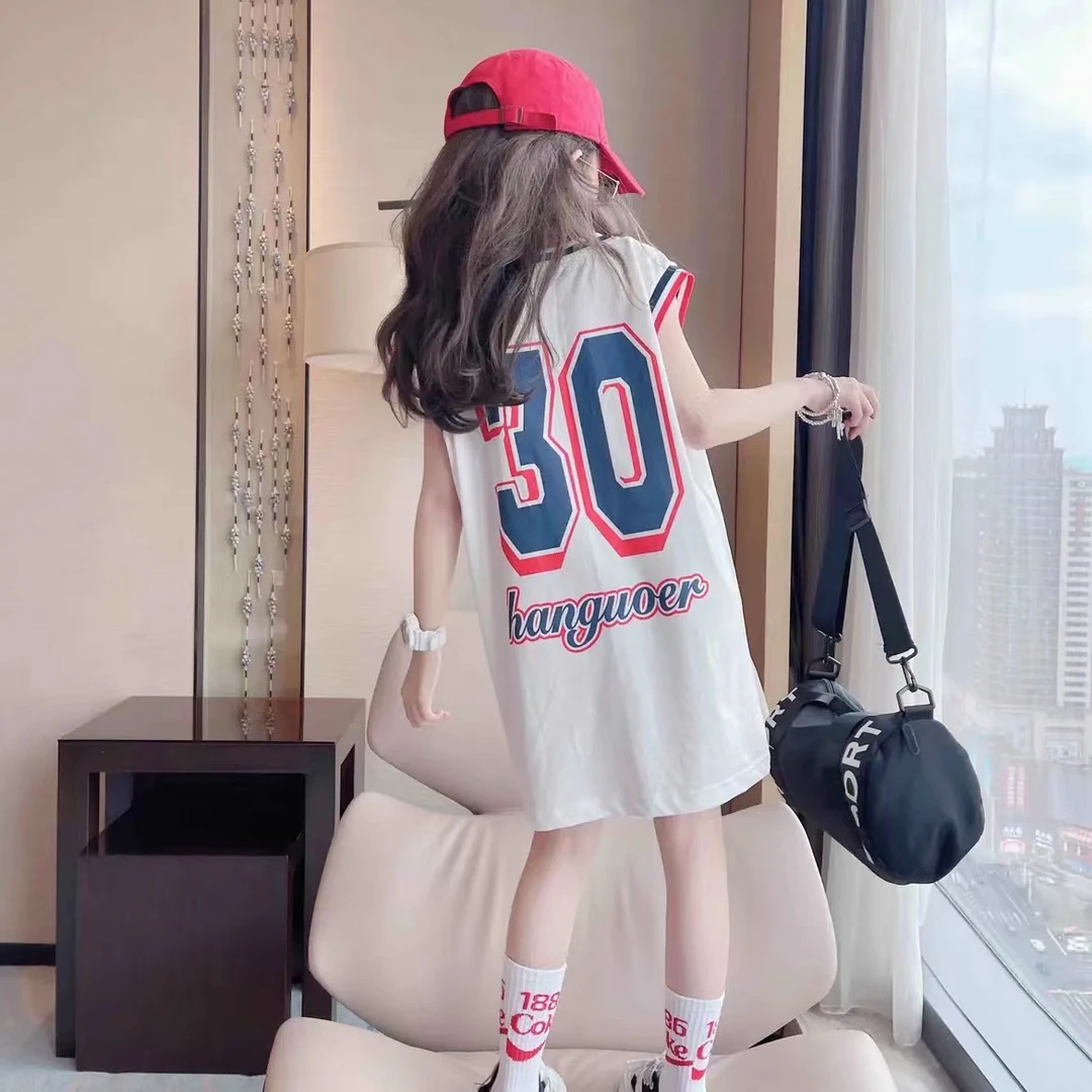 女童夏季字母背心无袖t恤连衣裙儿童印花球服中长款薄款运动长裙