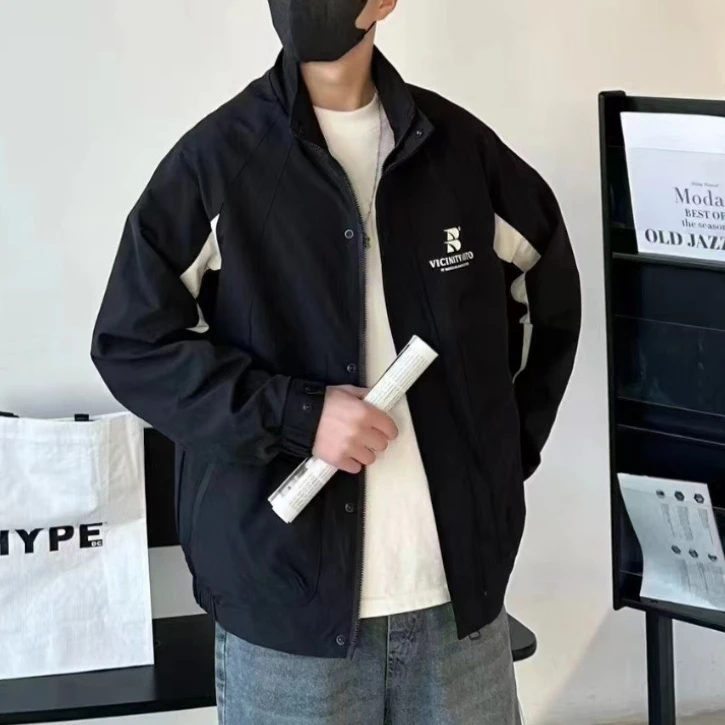 春季新款男士工装冲锋衣休闲户外纯色立领百搭夹克上衣外套-82337