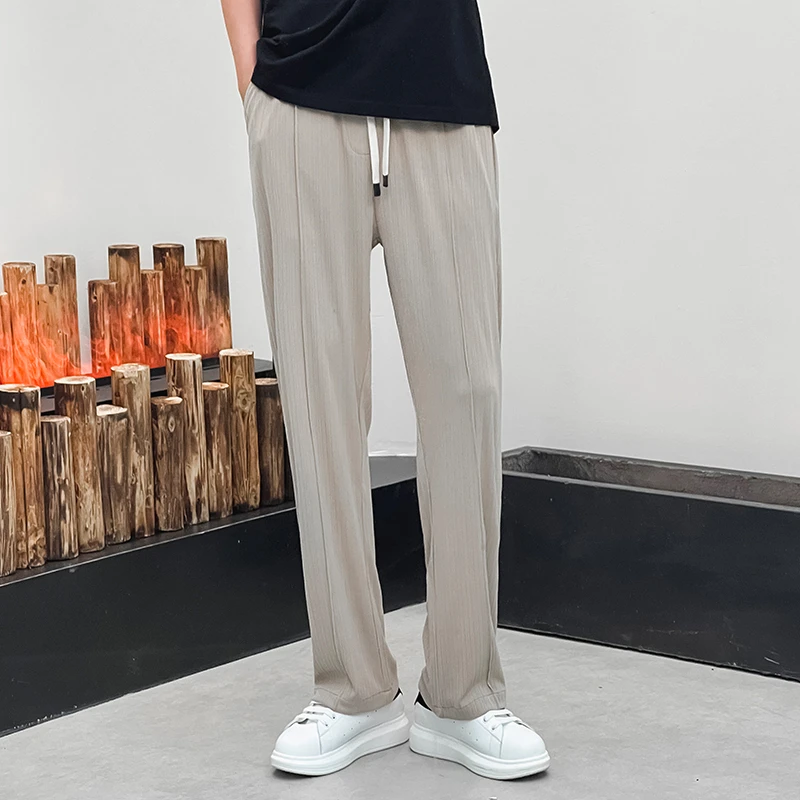春夏百搭休闲裤男薄款坑条潮流宽松垂感男士直筒长裤透气高弹裤子