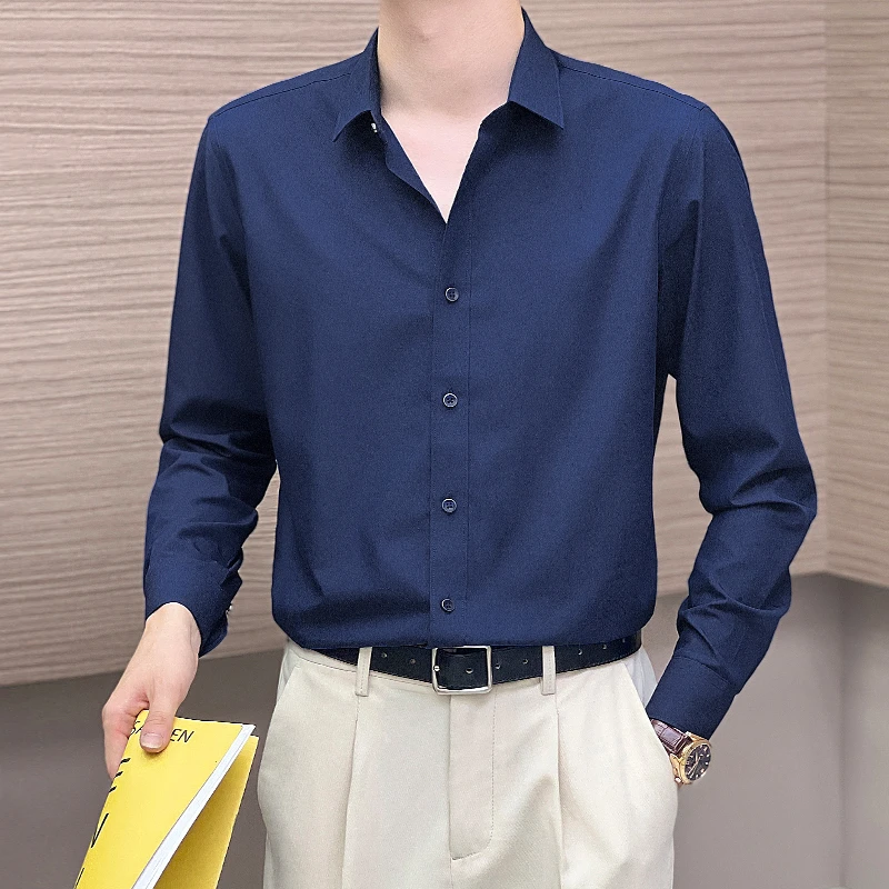 小默竹纤维衬衫男长袖夏季透气免烫纯色衬衣百搭宽松商务休闲潮