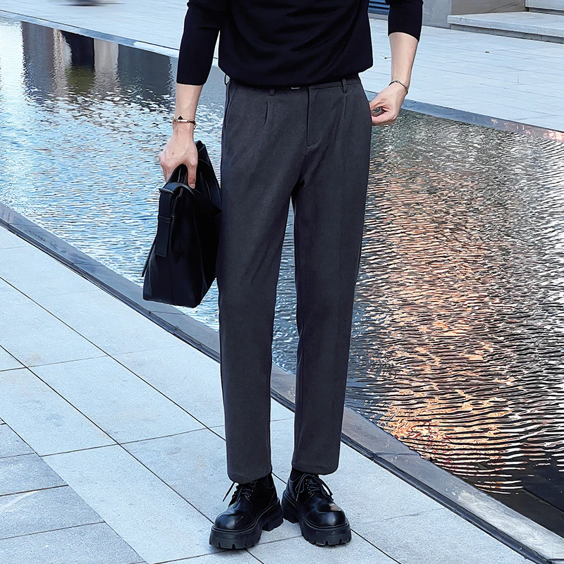 小默毛呢休闲裤男春季新款男士休闲西裤男士垂感西装裤宽松九分裤