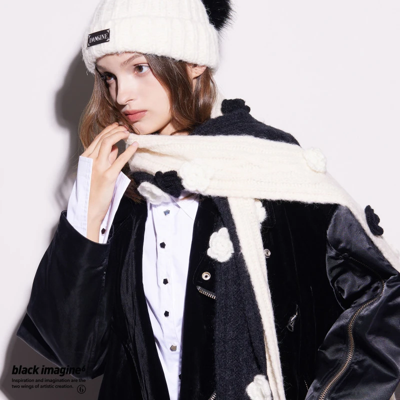 black imagine6双色撞色黑白山针织围巾保暖冬日