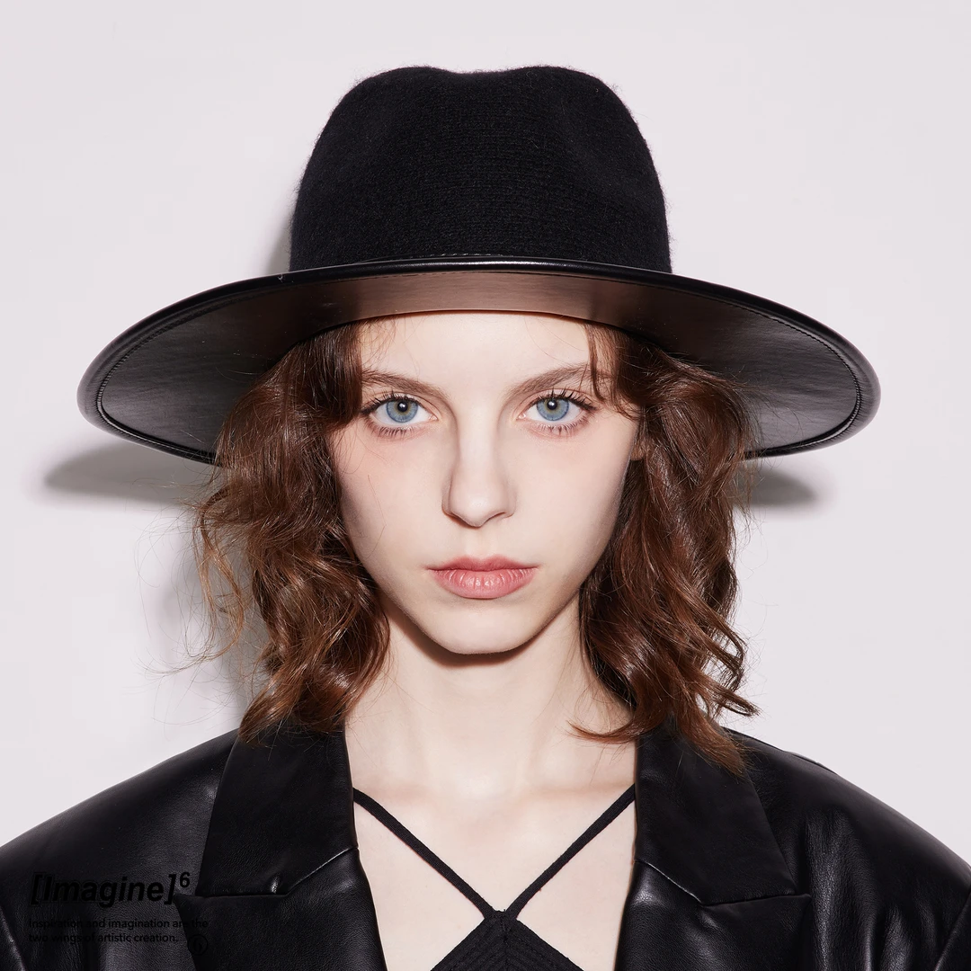 black imagine6 希林娜依高明星同款羊毛呢拼皮爵士帽保暖