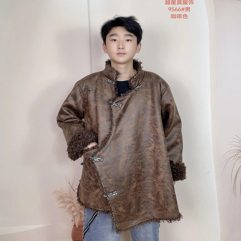 2024新款藏族服装日常男款加绒冬季皮毛棉衣藏式棉服配彩边西藏服