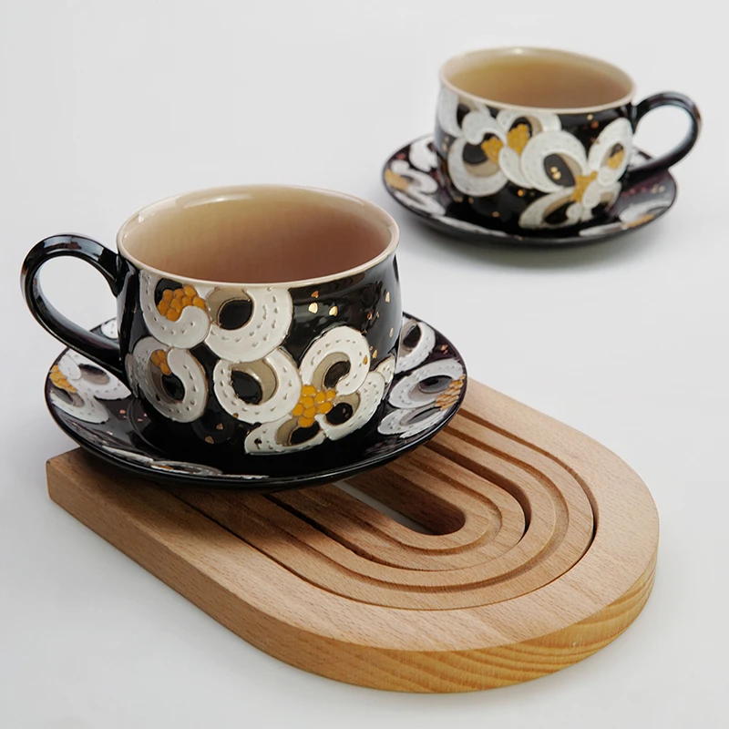 四照花黑底描金彩手工陶瓷复古咖啡杯下午茶杯马克杯子定制餐具