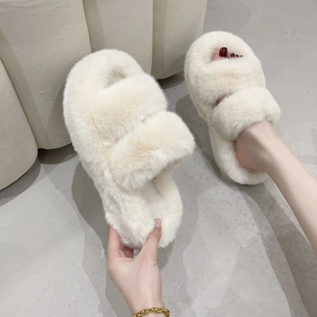厚底毛毛拖鞋女外穿2024新款秋冬季网红爆款时尚百搭双条保暖拖鞋