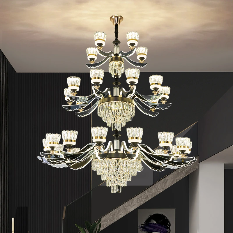 复式楼客厅大吊灯现代简约灯臂发光吊灯楼中楼别墅客厅水晶大吊灯