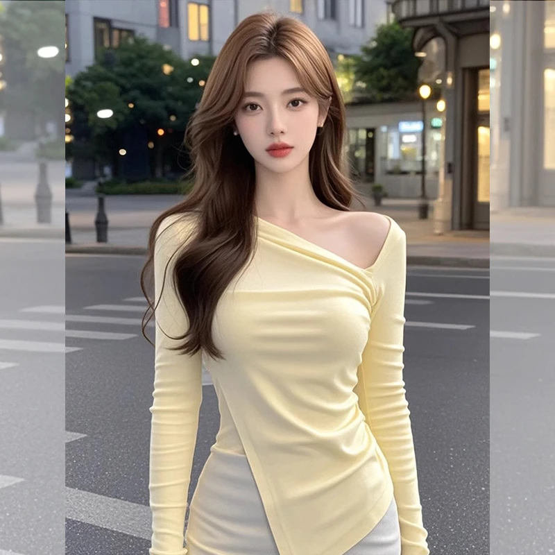 纯欲辣妹风斜领露肩长袖t恤女秋季女装小个子修身显瘦不规则上衣