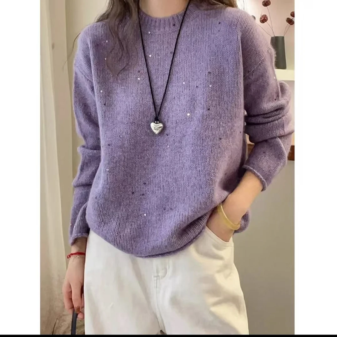 奢华亮片超软18针超柔粗支绵羊毛针织套头-K2321