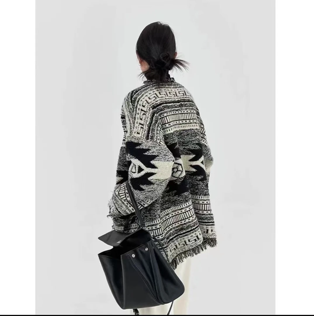 加厚粗支绵羊毛特种花纱流苏高克重长款时尚针织开衫外套-KS2283