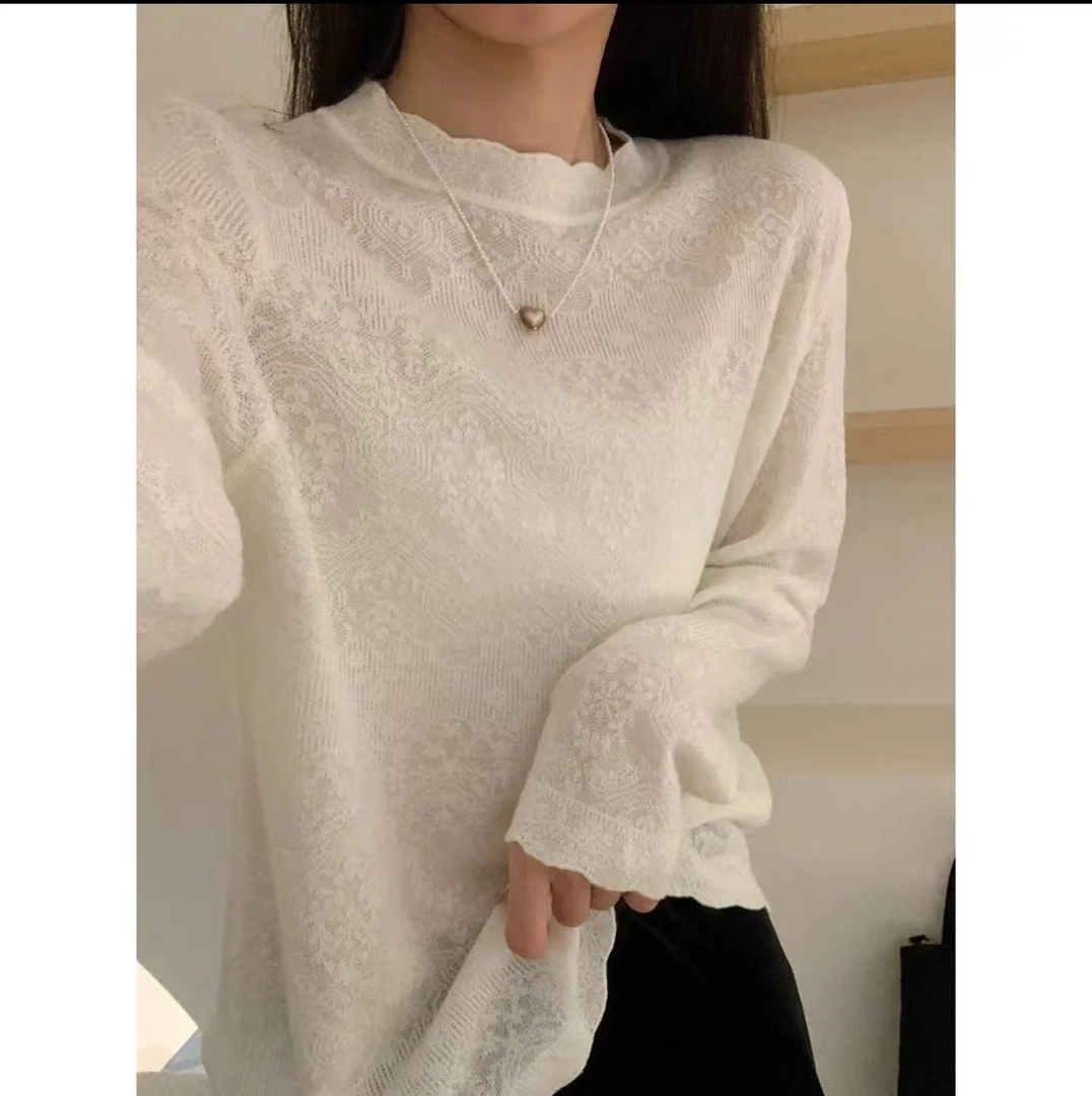法式浪漫花边领内搭蕾丝打底衫别致提花长袖针织衫宽松镂空上衣