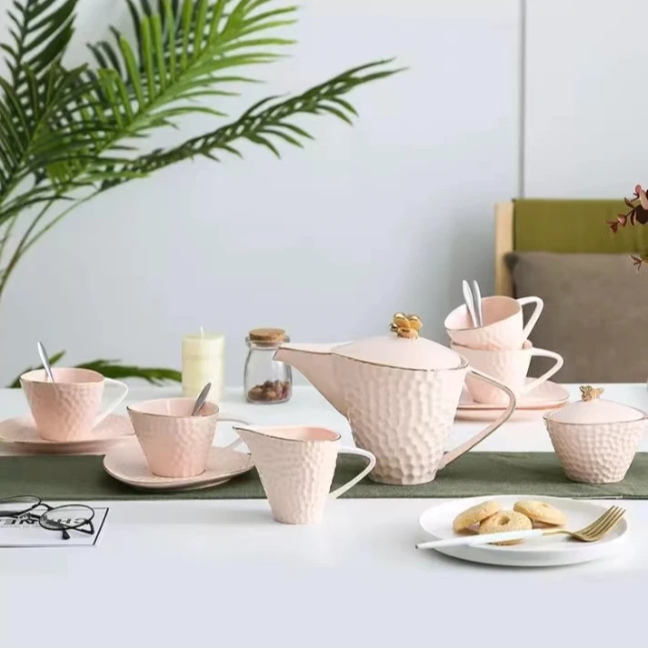 欧式简约轻奢精致家用陶瓷描金三壶金边杯碟套装泡沫礼