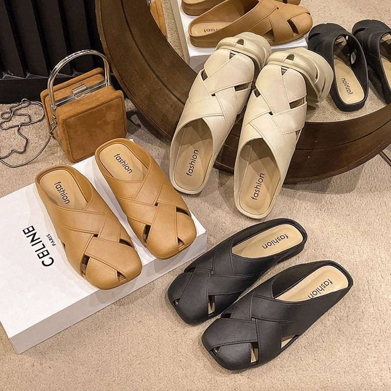 包头半拖穆勒女鞋2024新款平底四季方头软底外穿懒人一脚蹬凉拖女