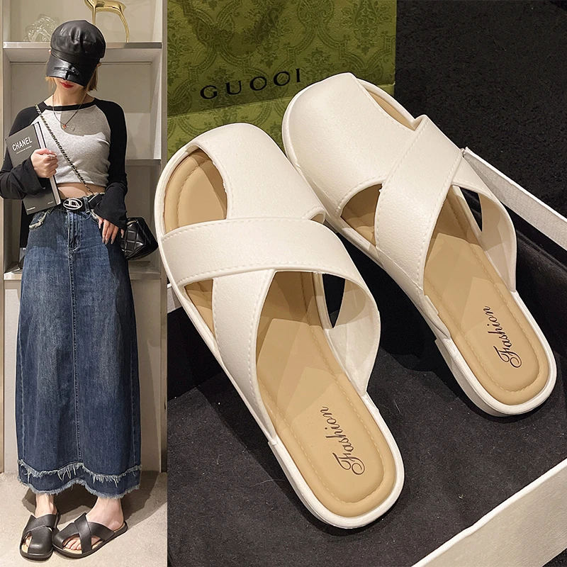 2024韩版圆头懒人拖女鞋子外穿凉拖女镂空平底软底包头半拖鞋女夏