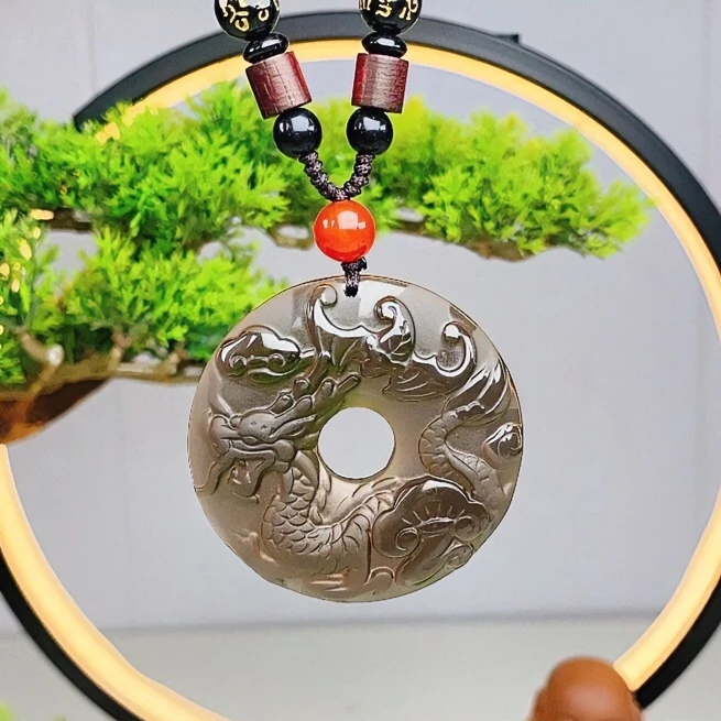 天然冰曜祥龙平安扣 冰曜石盘龙平安扣项链 天然随身精美挂件