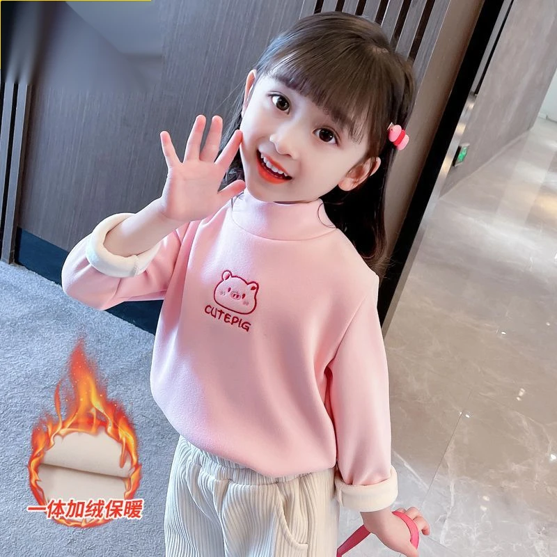 女童加绒加厚打底衫秋冬2023新款女宝宝洋气半高领一体绒儿童保暖