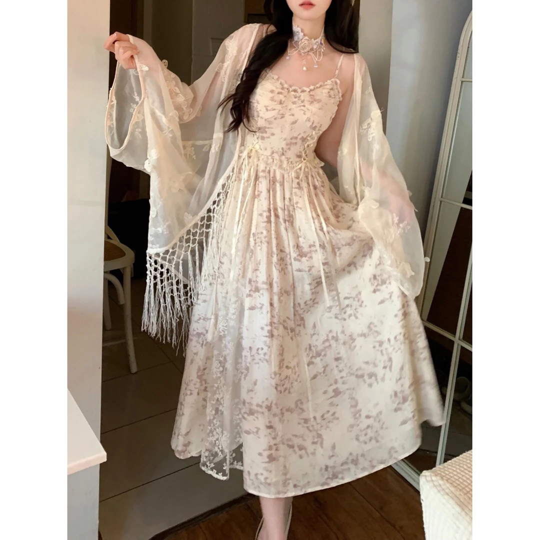 仲夏梦筏气质温柔碎花蕾丝吊带连衣裙女重工流苏开衫仙女裙两件套