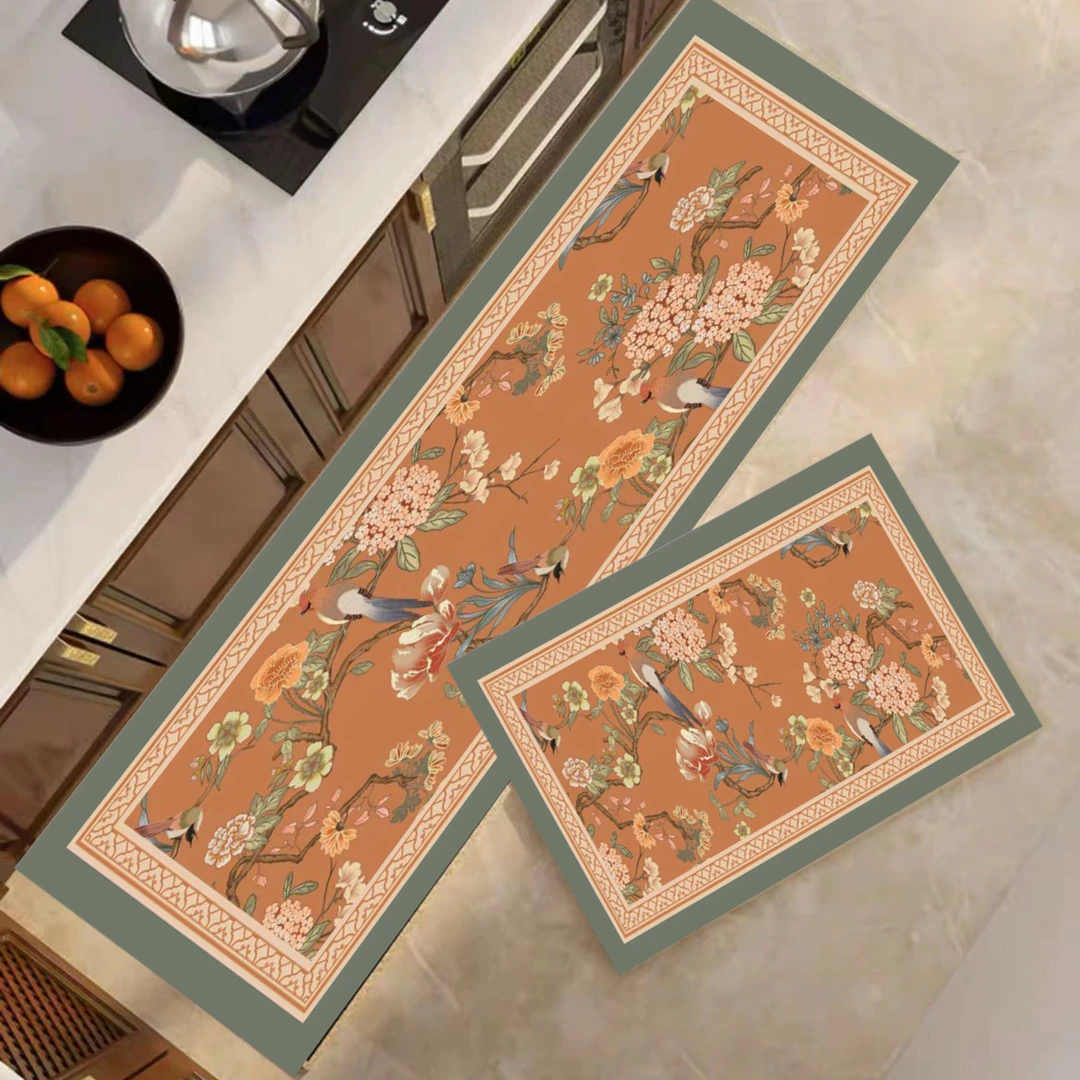 新中式复古梦颜如羽厨房吸水地垫皮纹布家用加厚防滑好打理脚垫