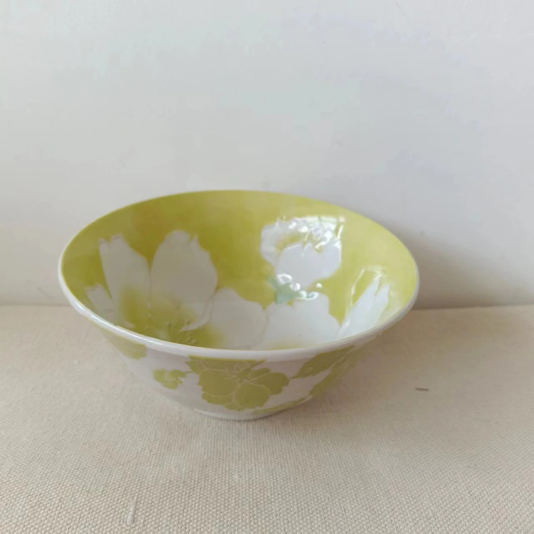 【青山精选】4331樱花内绘黄花面碗