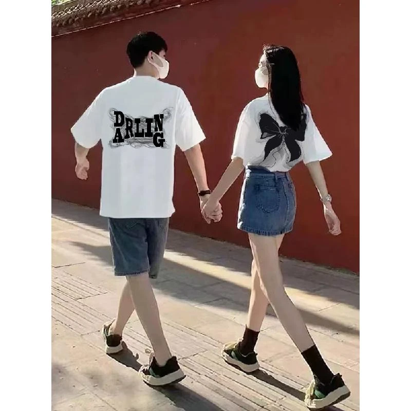 【纯棉2件装】不一样情侣装夏装2024新款潮流高级感小众短袖t恤套装