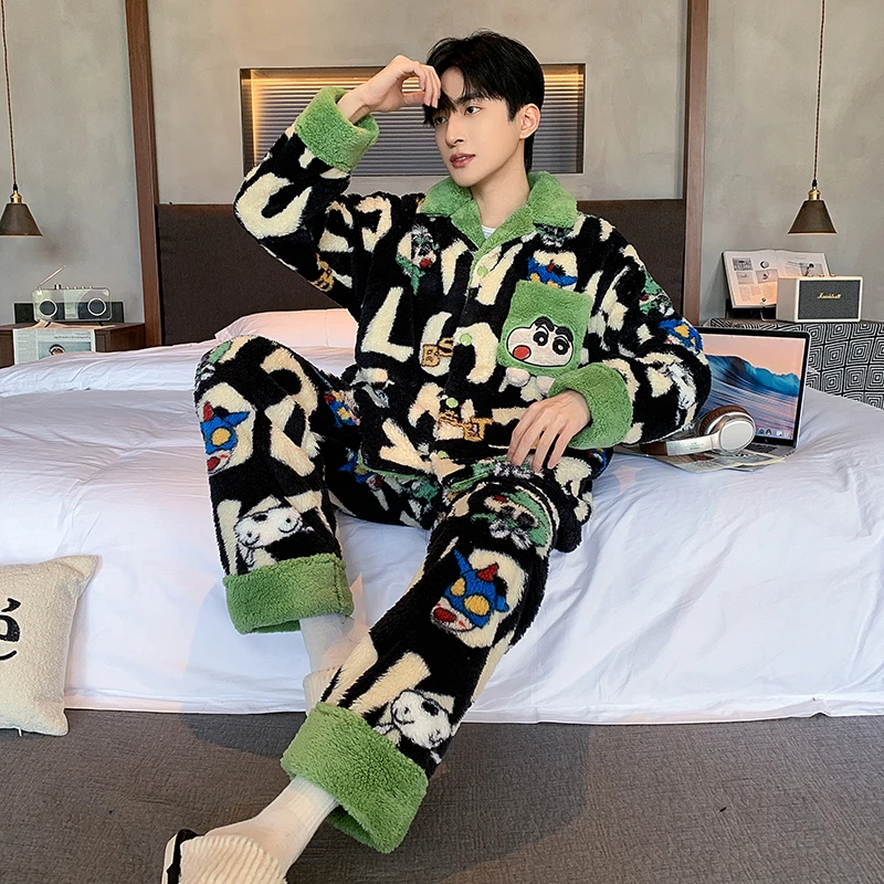 蜡笔小新睡衣女秋冬季珊瑚绒加绒加厚冬天男士卡通保暖情侣网红