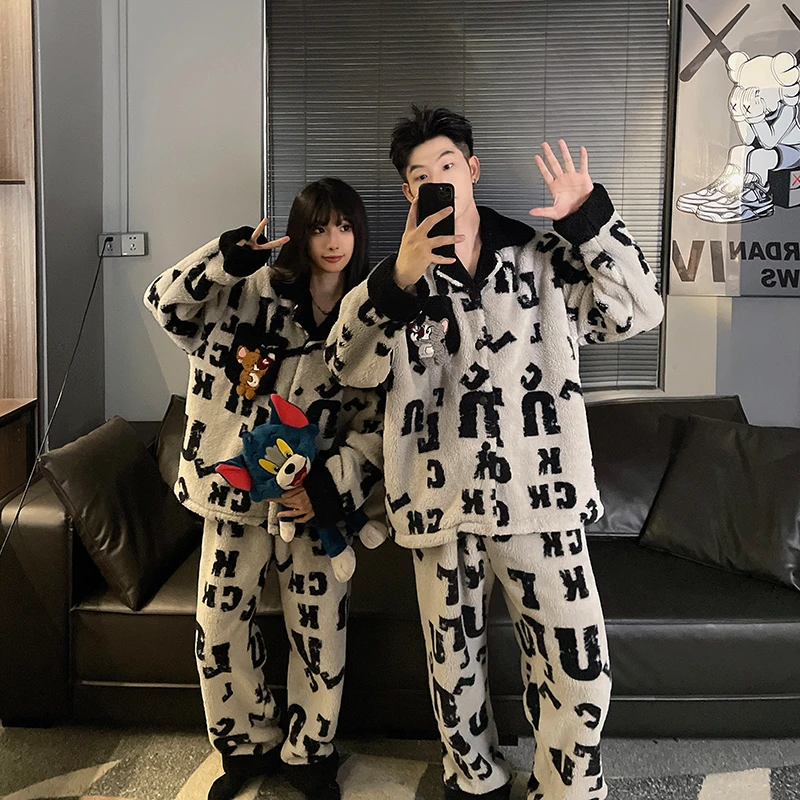 女士情侣女士保暖睡衣女秋冬季珊瑚绒加厚冬天家居服套装减龄外穿