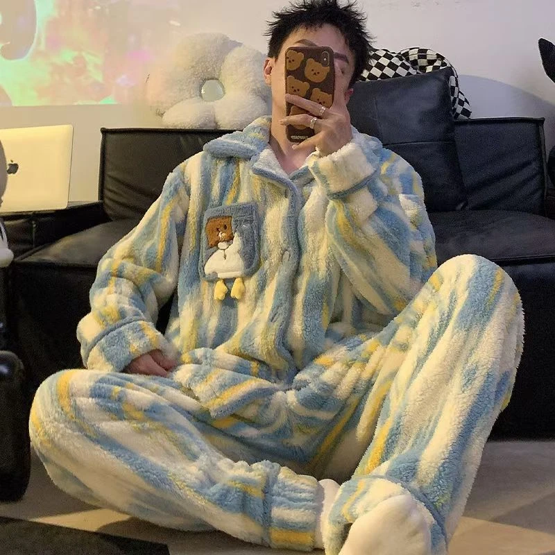 冬天男士蜡笔小新情侣睡衣女秋冬季珊瑚绒加绒加厚家居服套装帅气