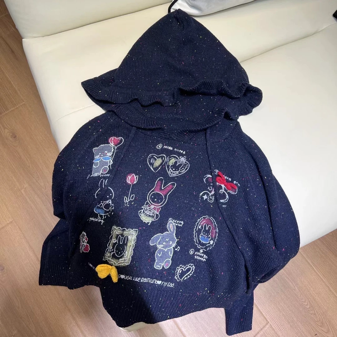 【小蓝帽】甜美风小个子连帽美式复古减龄百搭毛衣秋季 24217