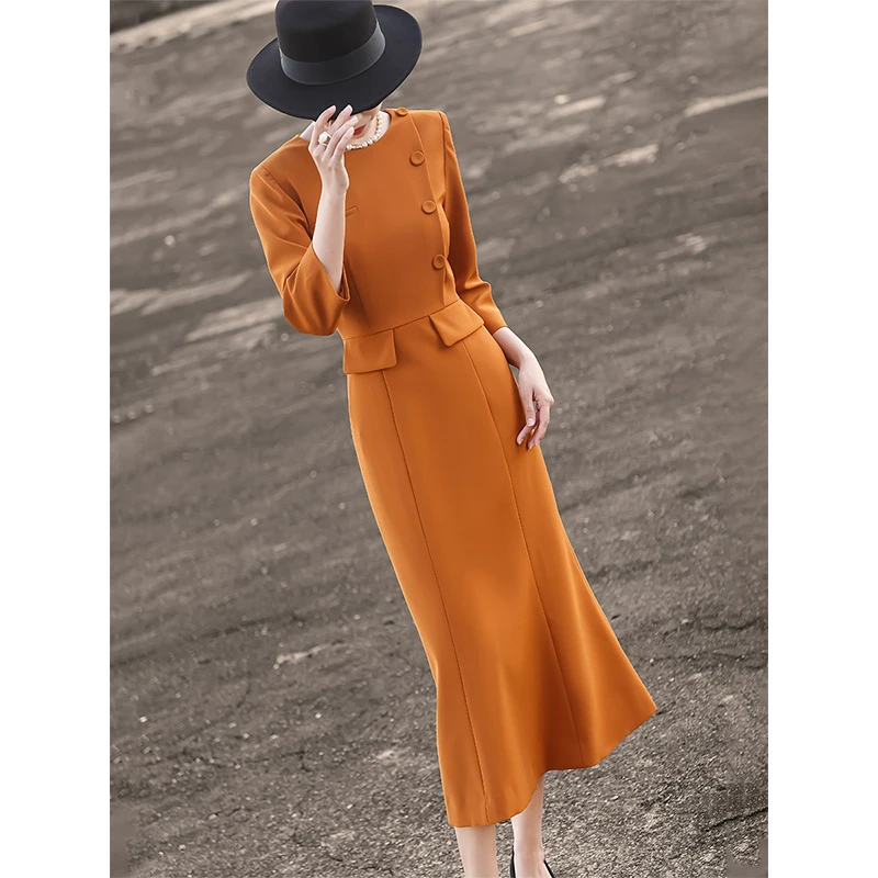 兰瑟儿气质高端名媛鱼尾裙修身显瘦纯色连衣裙女104QL9263