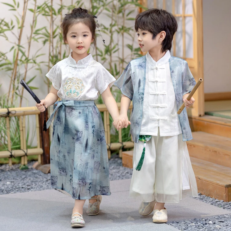 儿童夏季新中式古风汉服套装男童女童马面裙夏装小学中国风演出服
