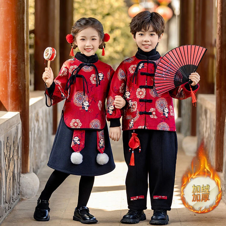 儿童唐装汉服民族风旦演出服礼服男女童兄妹春节拜年服加绒套装
