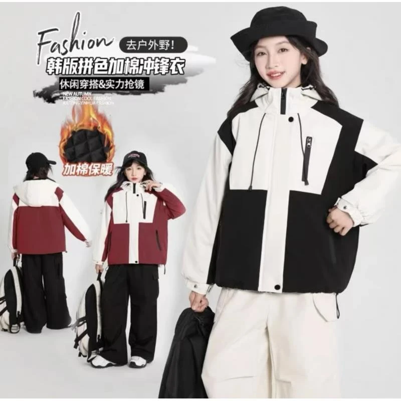 女童秋冬拼色夹棉连帽休闲冲锋衣中大童洋气加厚防风工装棉服外套