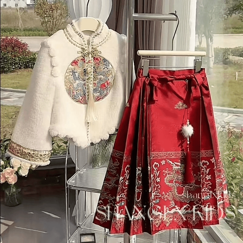 巴拉拉吧龙凤呈祥马面裙女童冬季汉服加绒儿童裙子拜年服2023新款