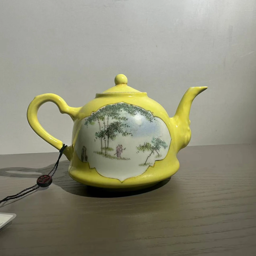 民国/黄釉山水纹茶壶/全品/wj719307/美85分/朝阳文物