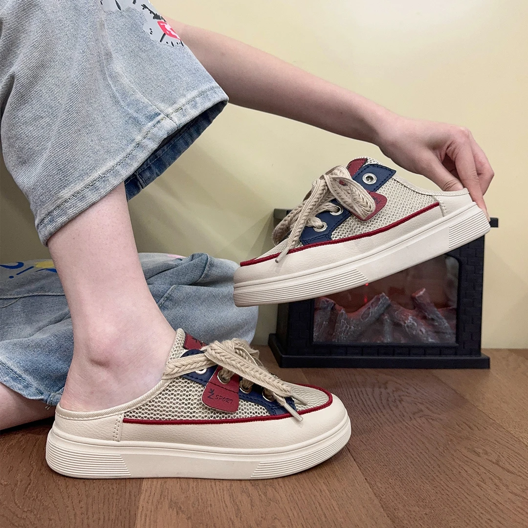 春季外穿透气包头凉拖鞋女2025年新款韩版百搭平底休闲鞋网面女鞋