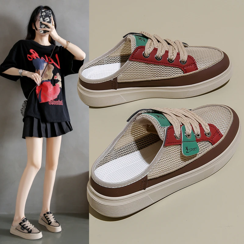 春季外穿透气半托凉拖鞋女2025年网红韩版百搭平底休闲鞋网面女鞋