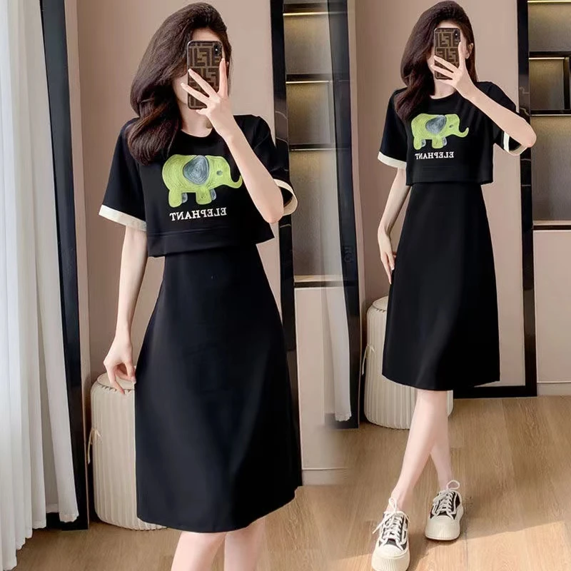 2025大码胖mm减龄洋气休闲时尚连衣裙假两件套夏新款连衣裙1549