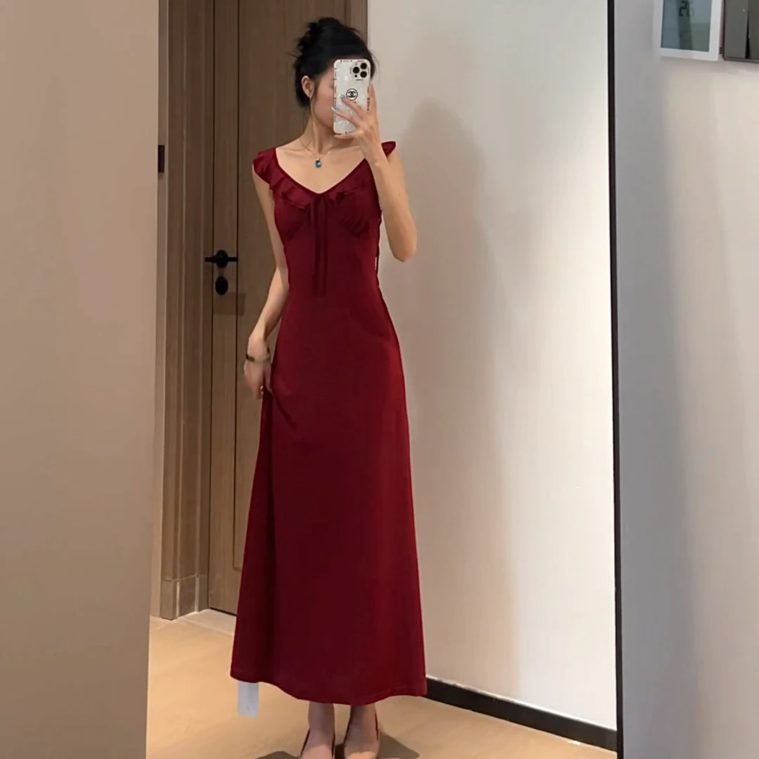 【Miao定制】法式荷叶边吊带气质性感收腰修身酒红色显瘦连衣裙