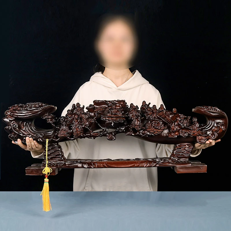 《十八罗汉黑檀纹如意》居家客厅办公大堂摆件（长90宽20高30cm）